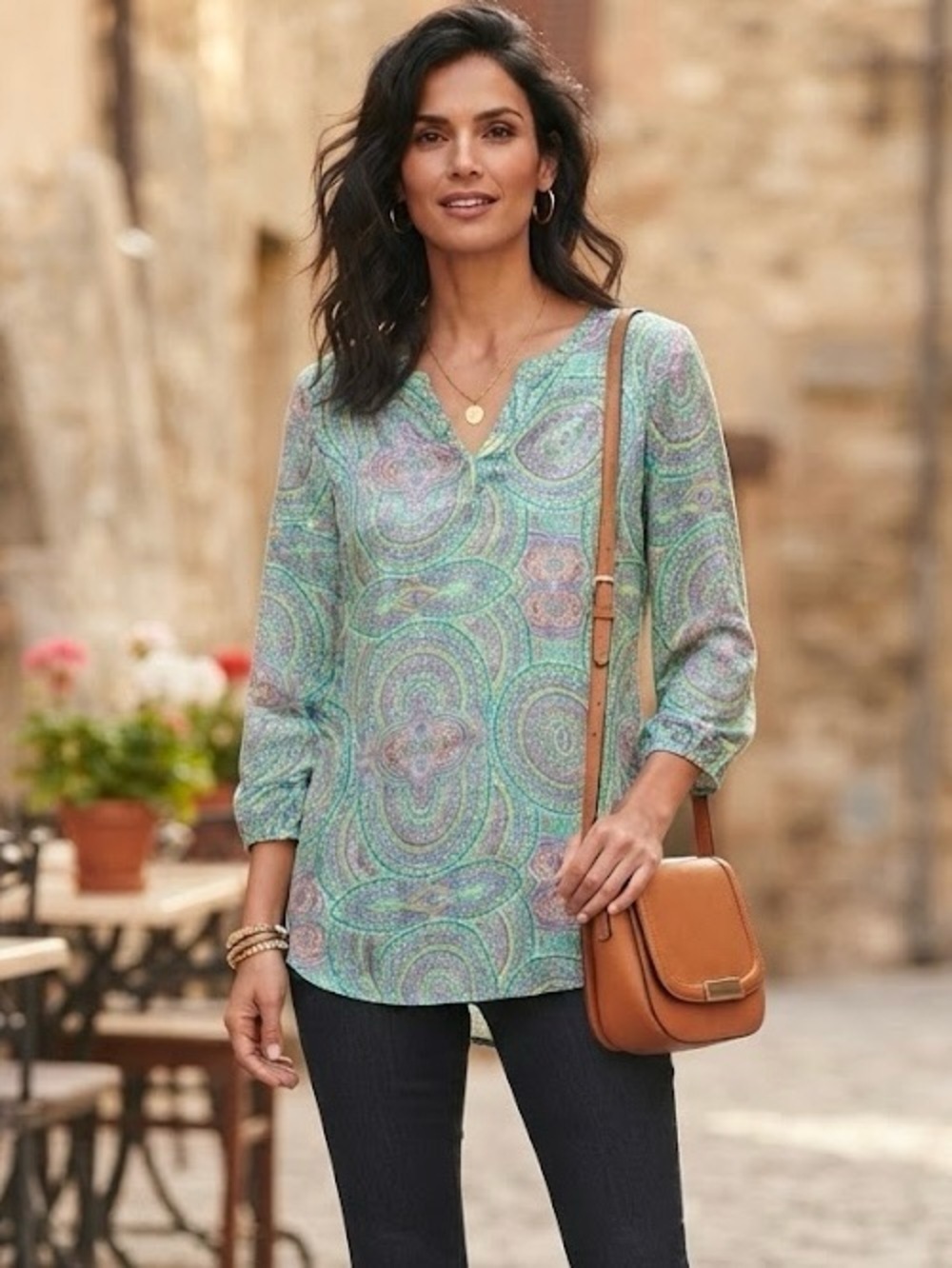 APNY Paisley Turquoise Pink Neon Green Yellow Tunic Top Vibrant Flowy Soft Light